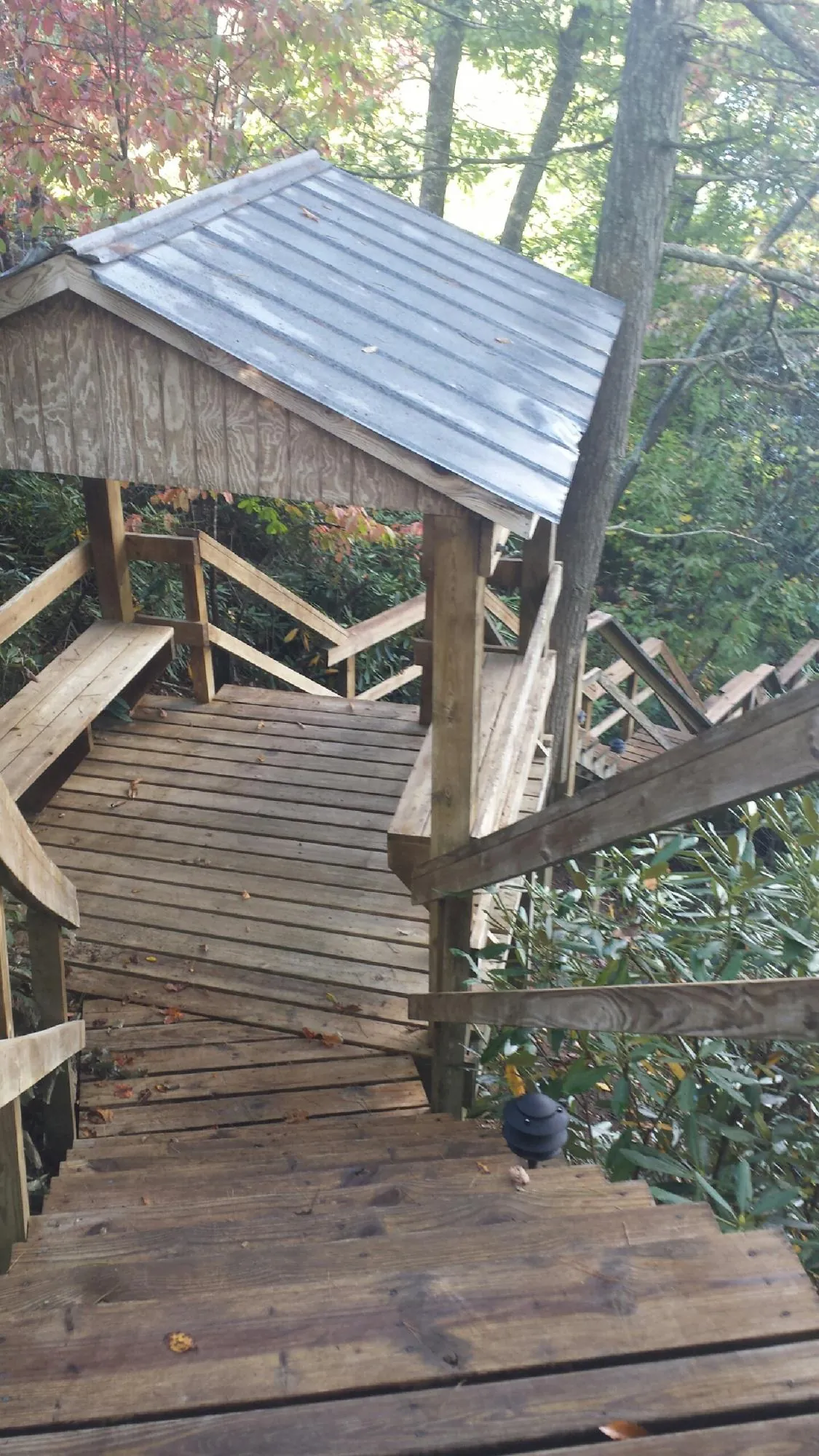 Metal roofed shelter over wooden steps on a wooded walkway — Skylight Repair & Installation work by our crew in Union Point